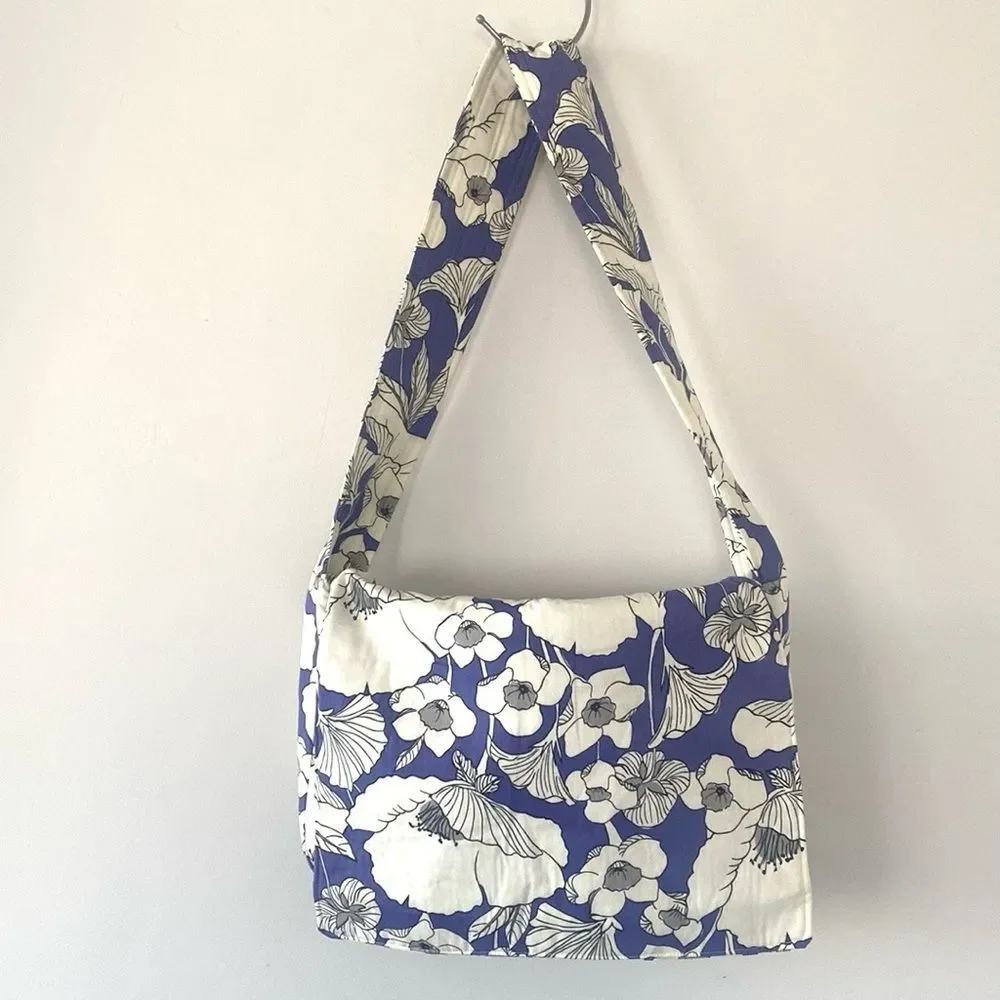 Handmade Floral Purple & White Cotton Sz L Messenger Bag School Shopping Cottage